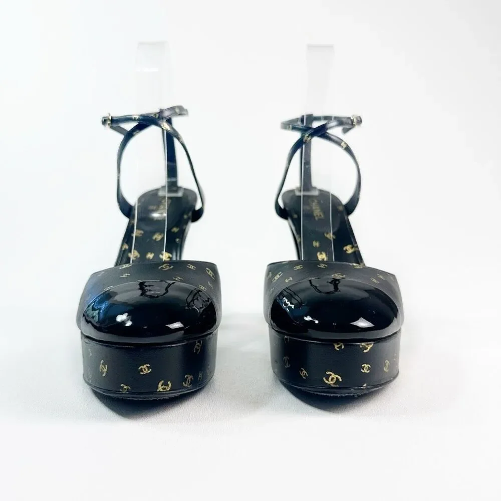 CHANEL 2023 All Over Interlocking CC Logo Black Heels Size 38 Platform Cap Toe